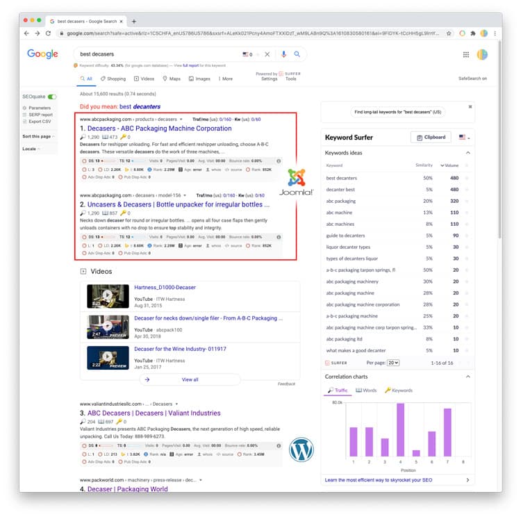 Example of a Joomla website in top two positions in Google